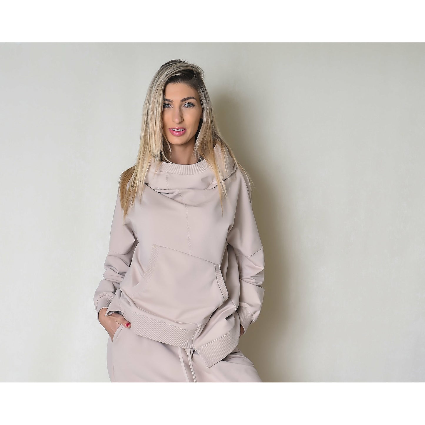 Light Beige Women Hoodie with Kangaroo Pocket