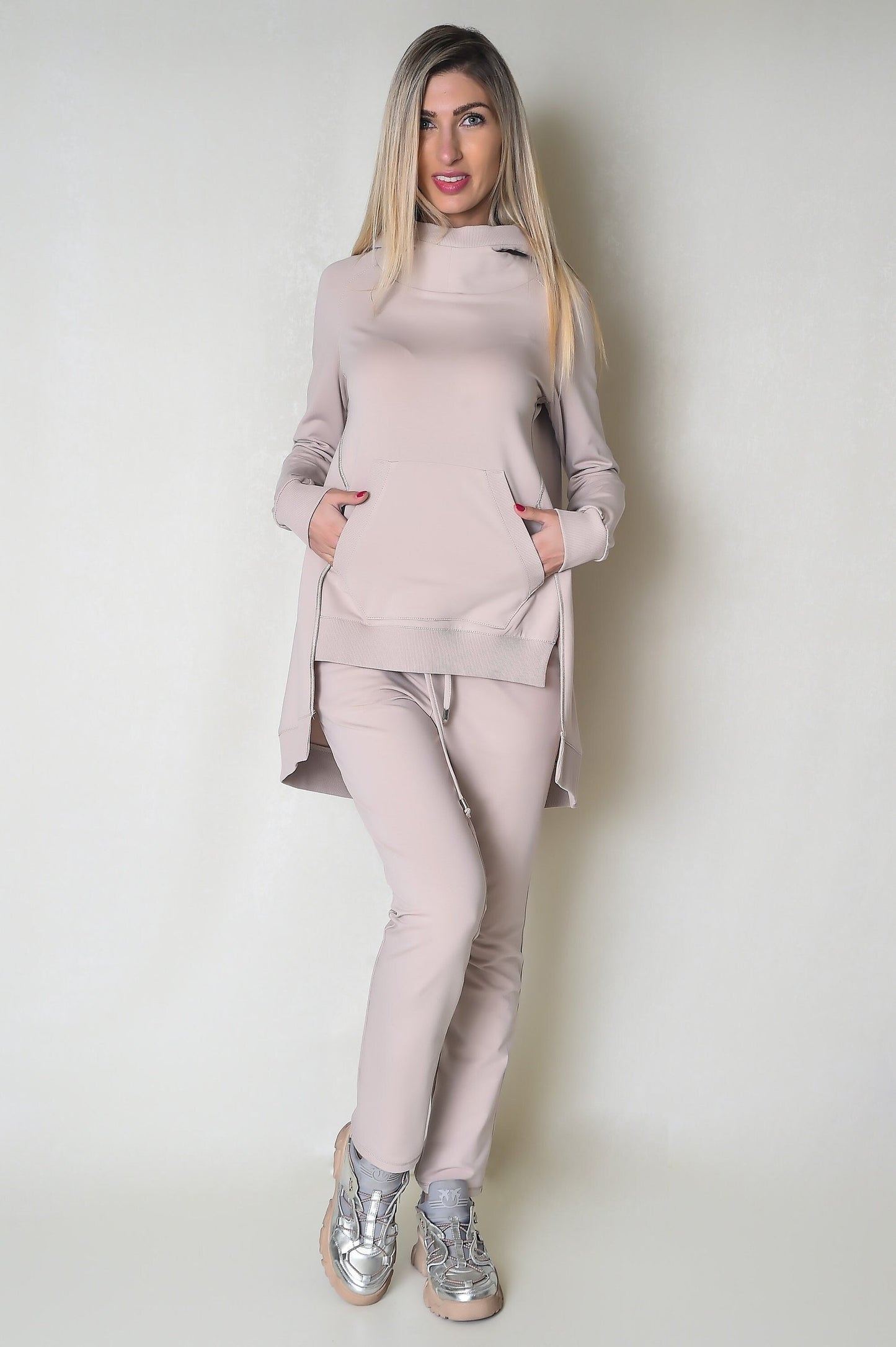 Light Beige Women Hoodie with Elongated Back & Kangaroo Pocket