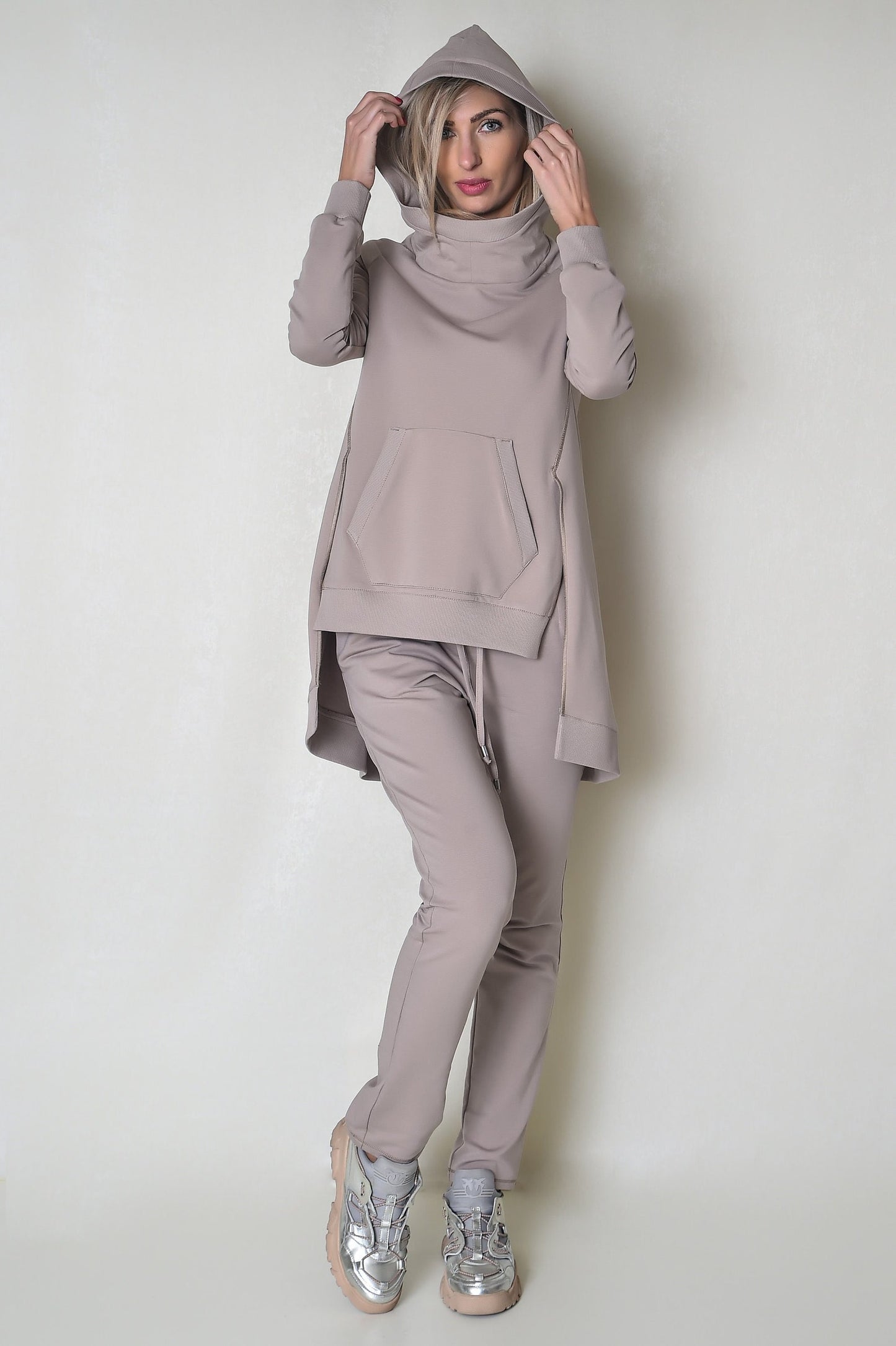 Dark Beige Women Hoodie with Elongated Back & Kangaroo Pocket