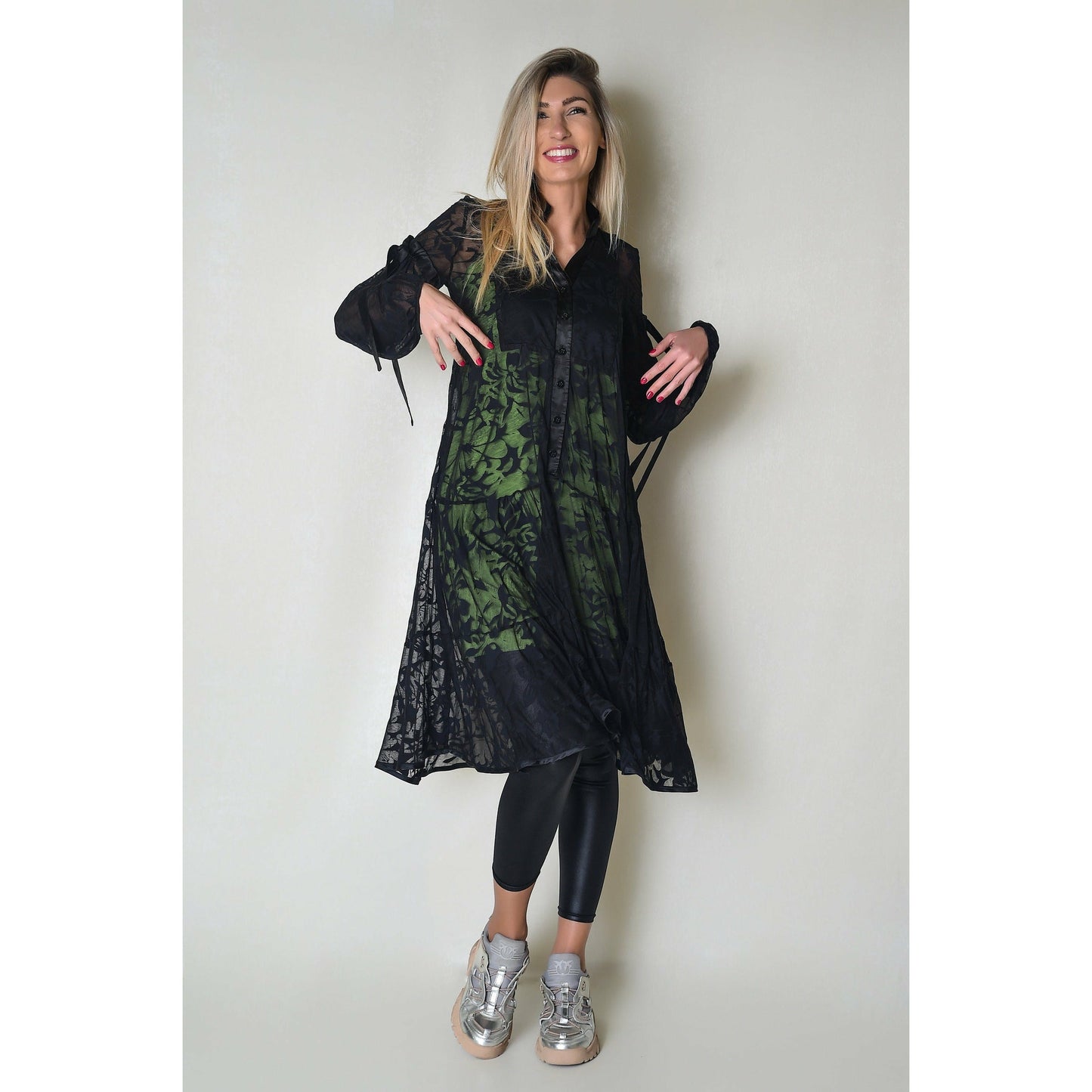 Two Layer Floral Women Dress with Green Inner Part