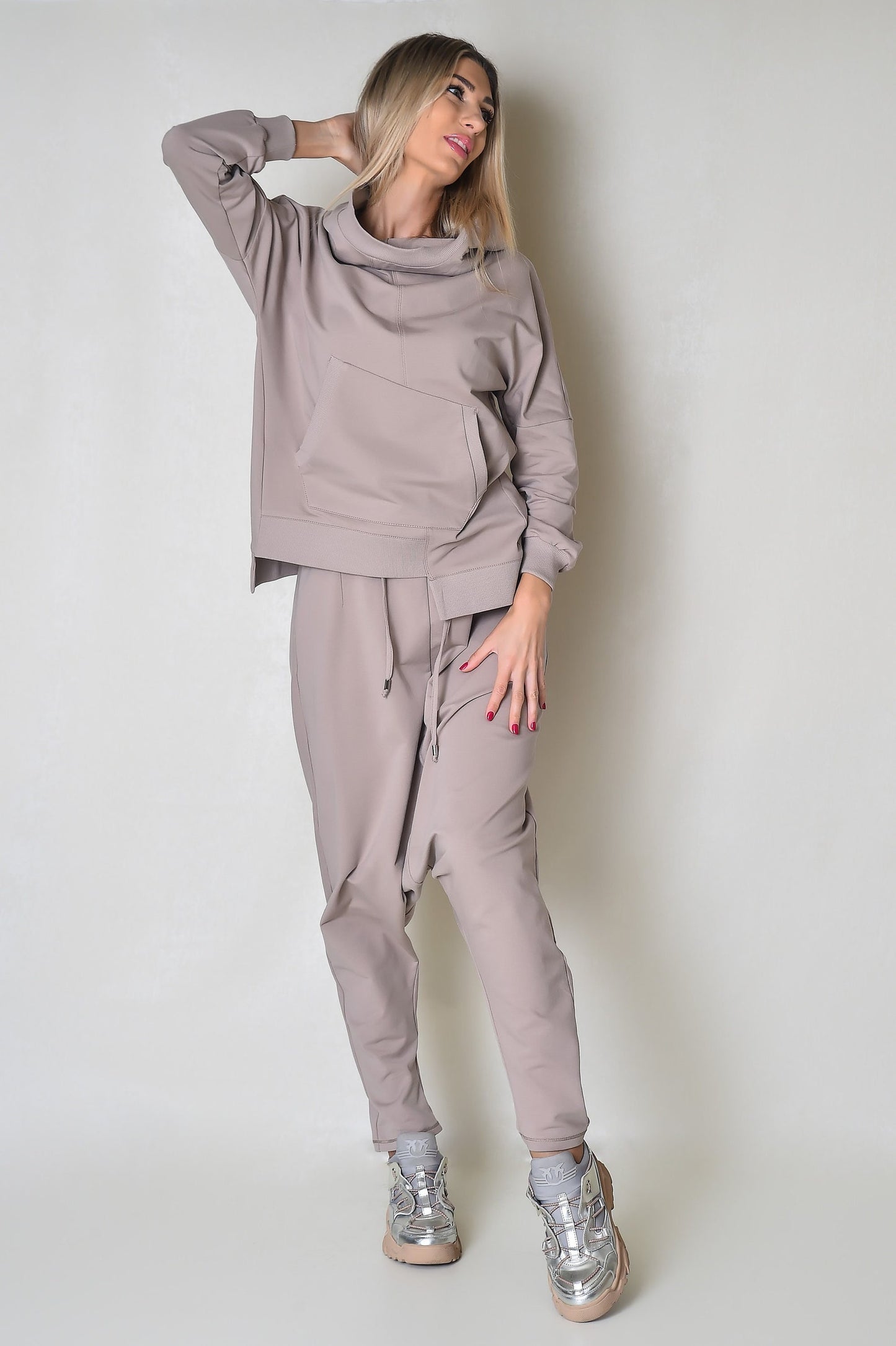 Dark Beige Women Drop-Crotch Pants, Harem style