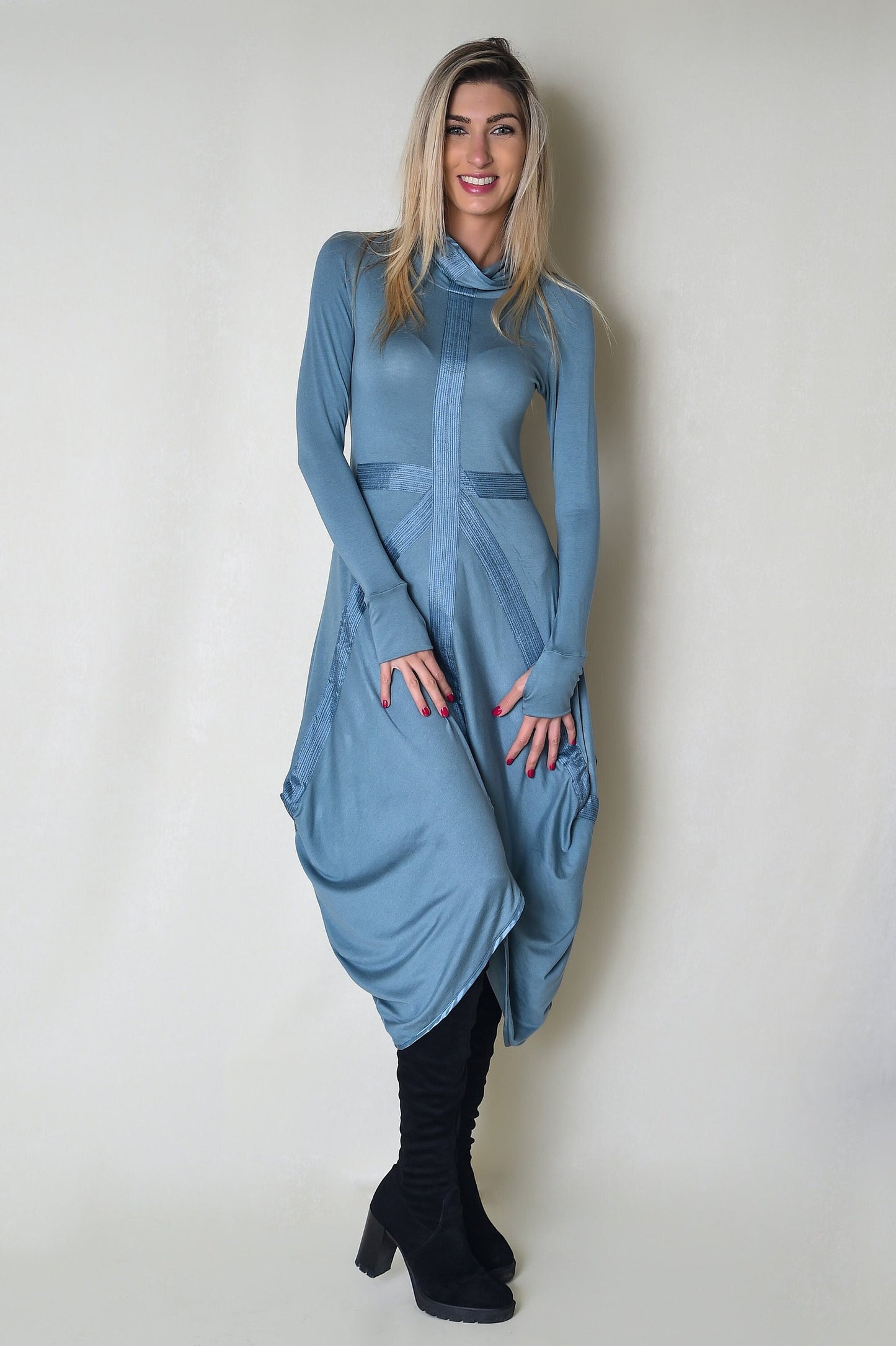 Light Blue Women Dress with Decorative Line Patterns