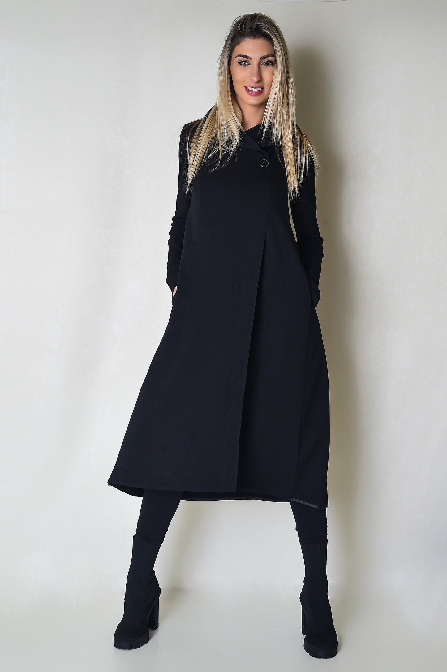 Black Soft Fabric Women Dress with Lapel & Side Pockets