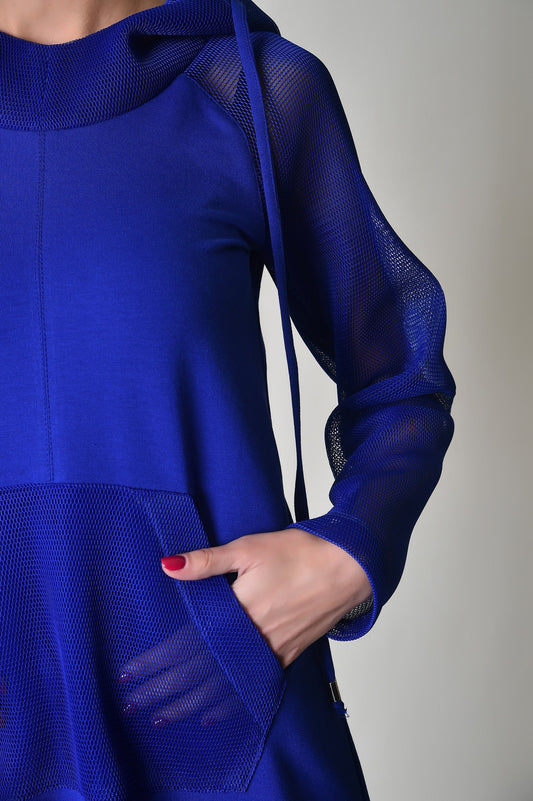 Blue Soft Fabric Women Dress with Long Sleeves & Kangaroo Pocket