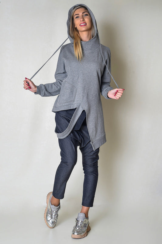 Grey Women Hoodie with an Asymmetric Construction