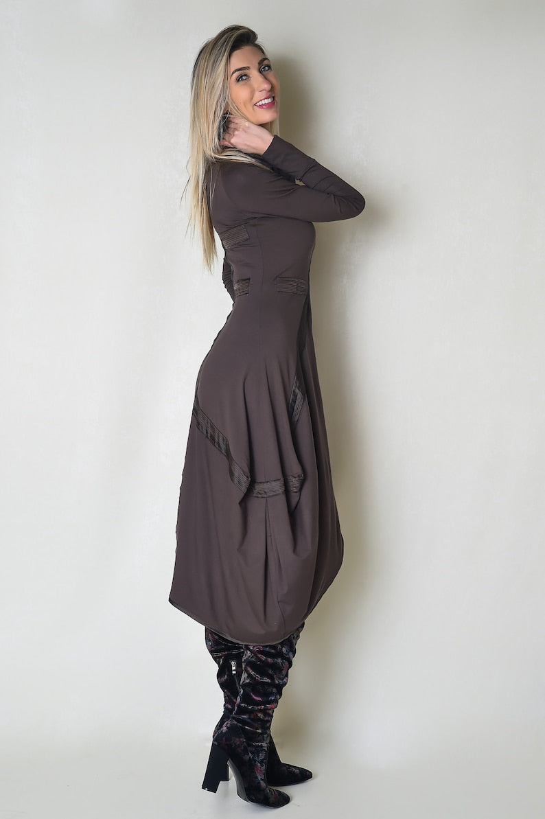 Brown Long Sleeve Women Dress with Decorative Elements