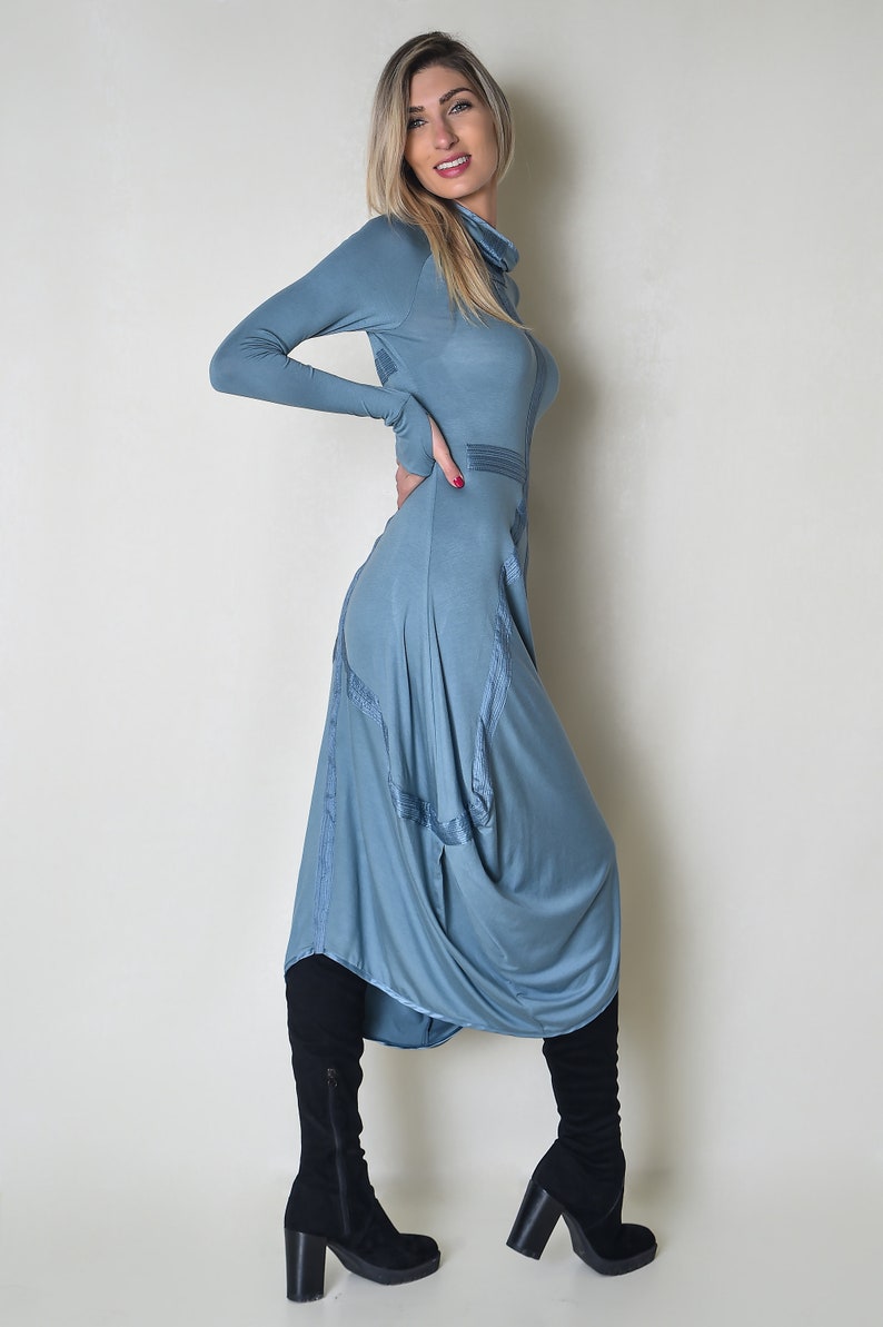 Light Blue Women Dress with Decorative Line Patterns