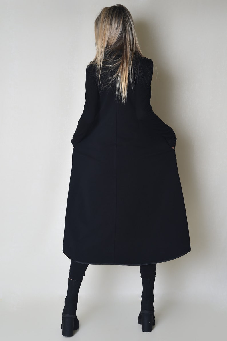 Black Soft Fabric Women Dress with Lapel & Side Pockets