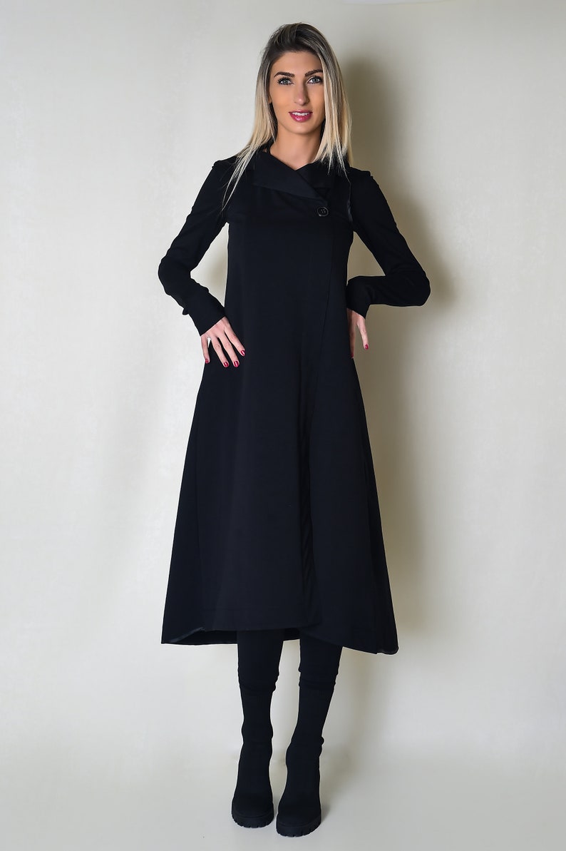 Black Soft Fabric Women Dress with Lapel & Side Pockets