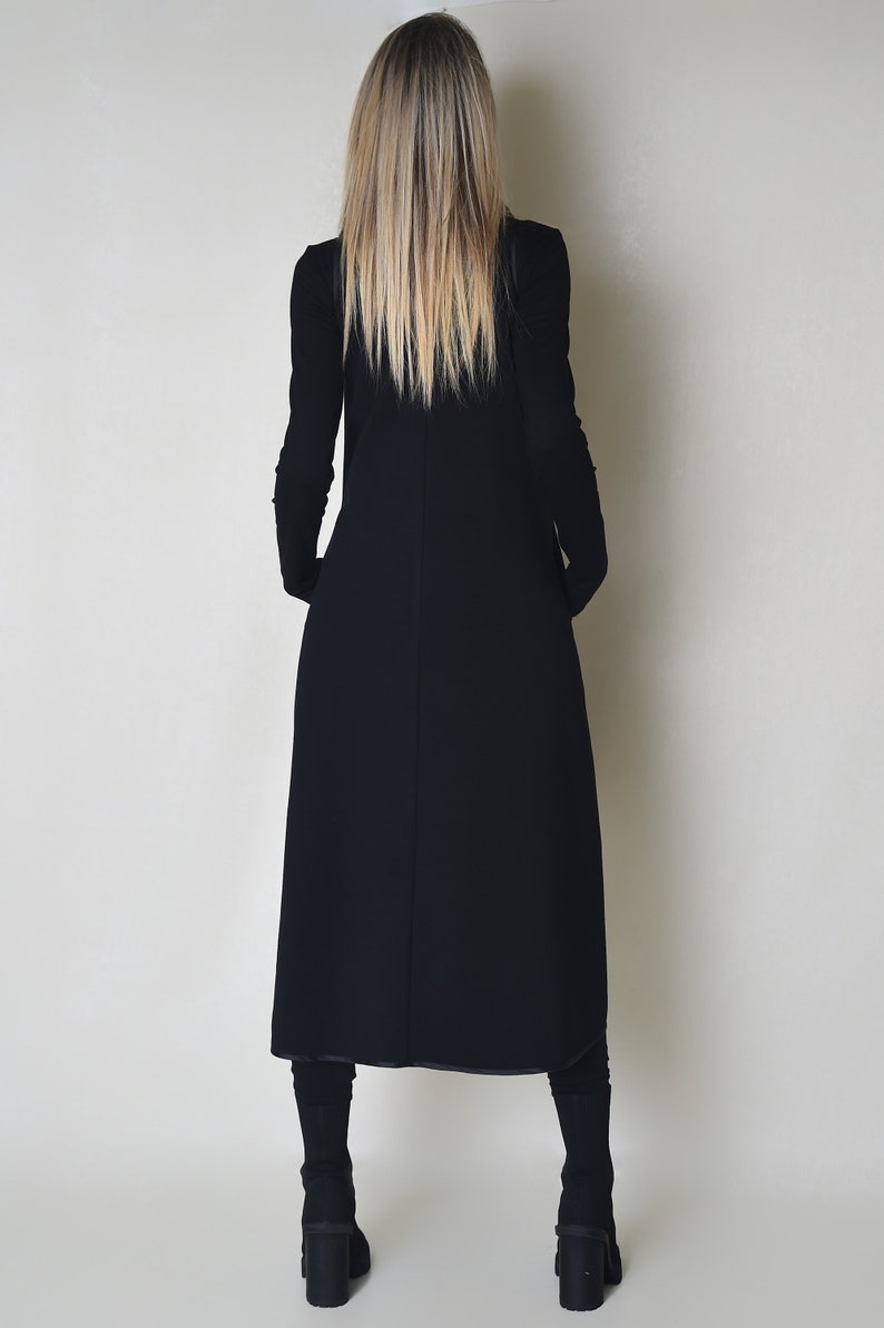 Black Soft Fabric Women Dress with Lapel & Side Pockets