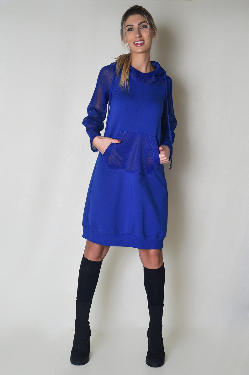 Blue Soft Fabric Women Dress with Long Sleeves & Kangaroo Pocket