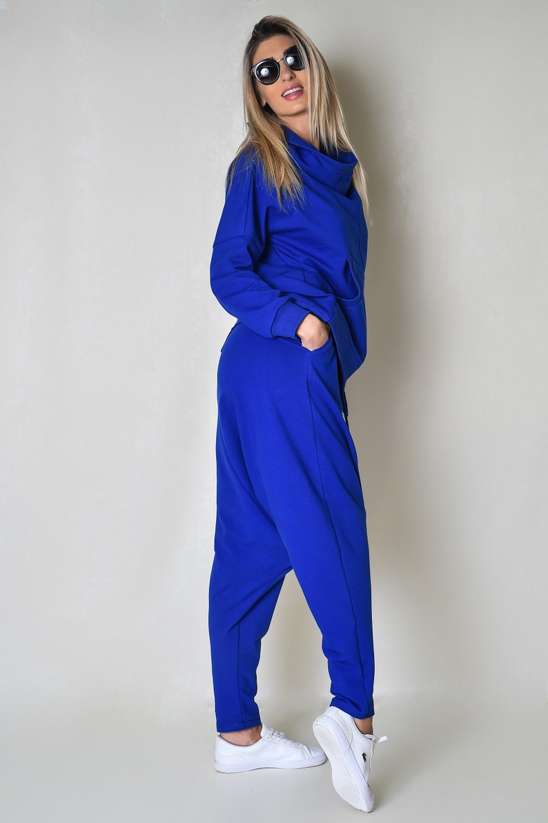 Blue Women Drop-Crotch Pants, Harem Style