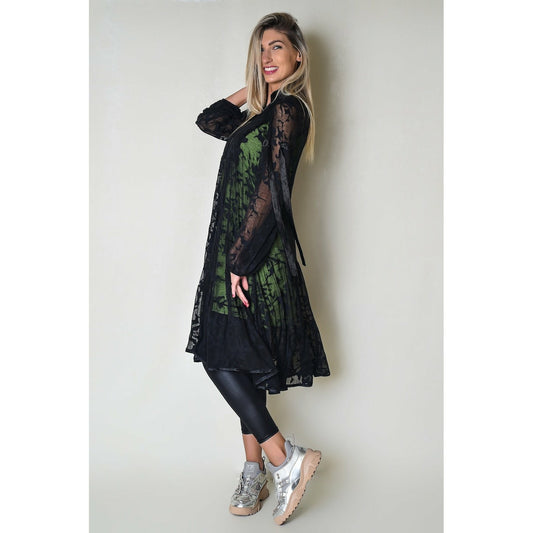 Two Layer Floral Women Dress with Green Inner Part