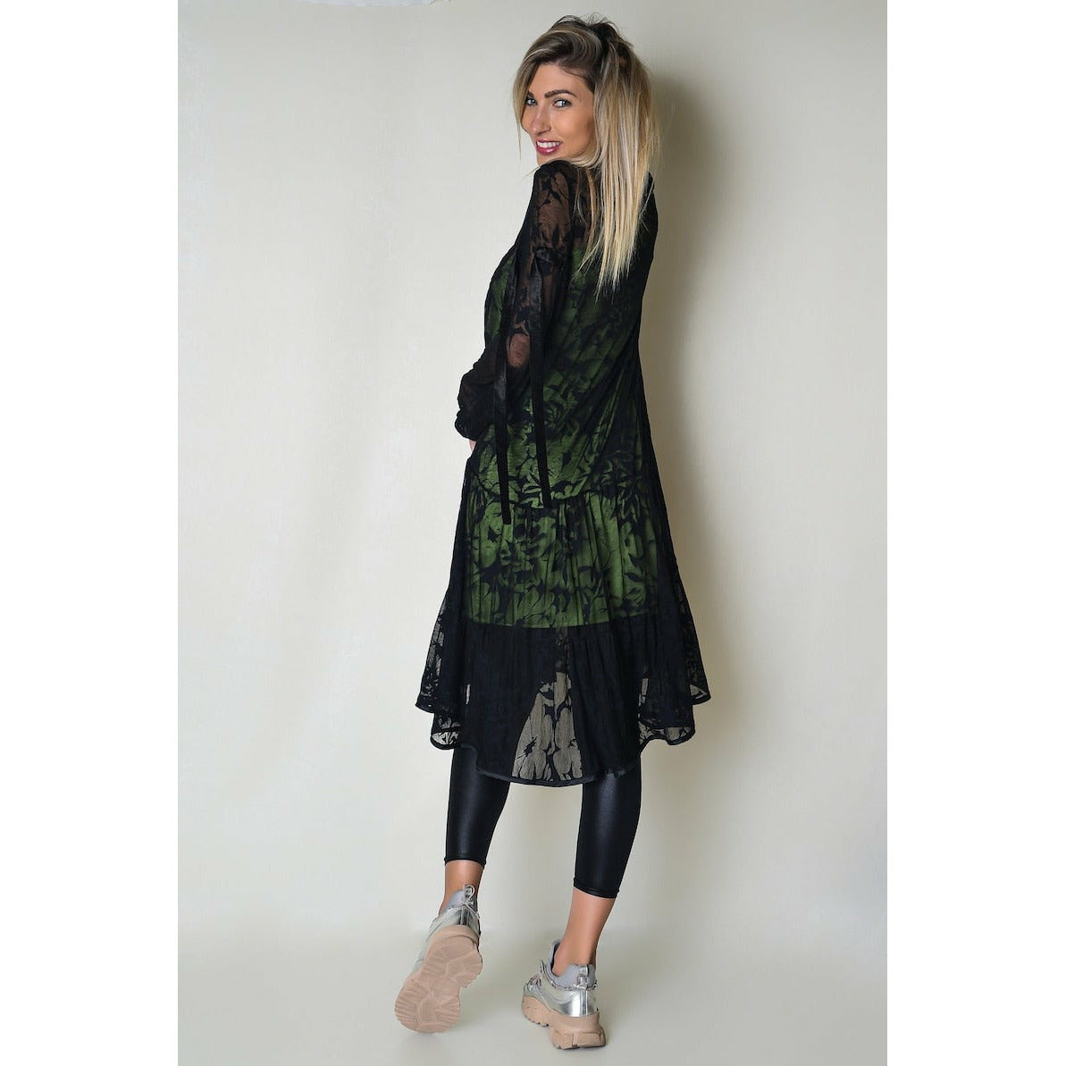 Two Layer Floral Women Dress with Green Inner Part