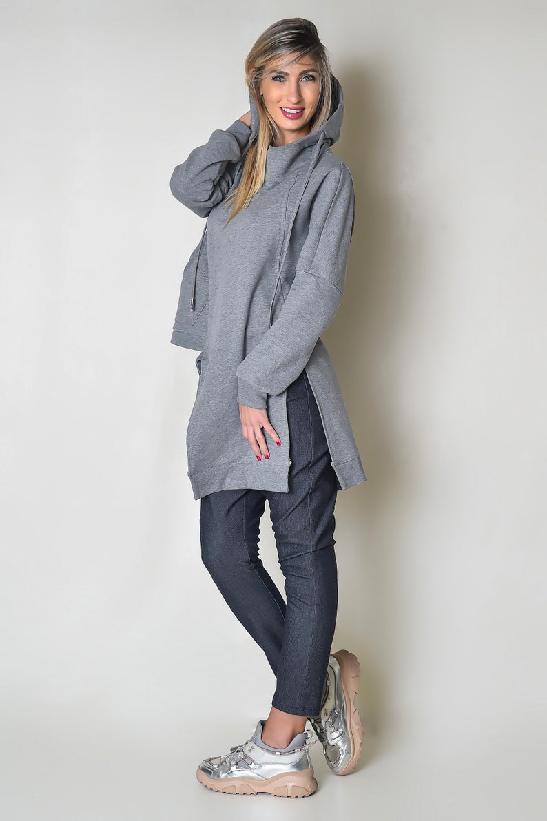 Grey Women Hoodie with an Asymmetric Construction