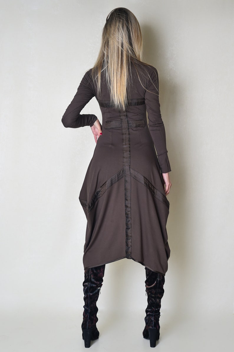 Brown Long Sleeve Women Dress with Decorative Elements