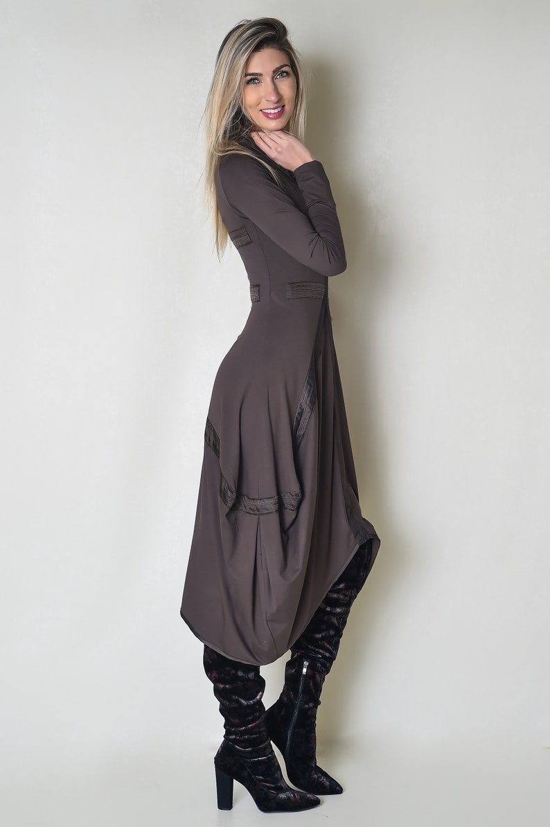 Brown Long Sleeve Women Dress with Decorative Elements