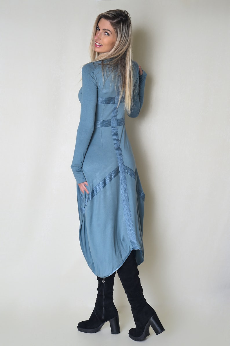 Light Blue Women Dress with Decorative Line Patterns