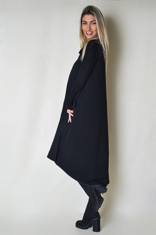 Black Soft Fabric Women Dress with Lapel & Side Pockets