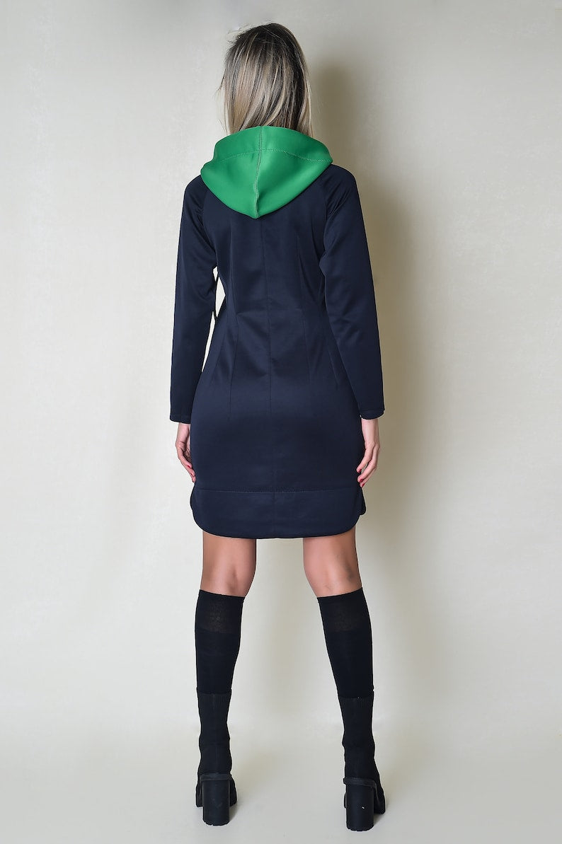 Soft Colorful Women Dress with Green Hood & Kangaroo Pocket