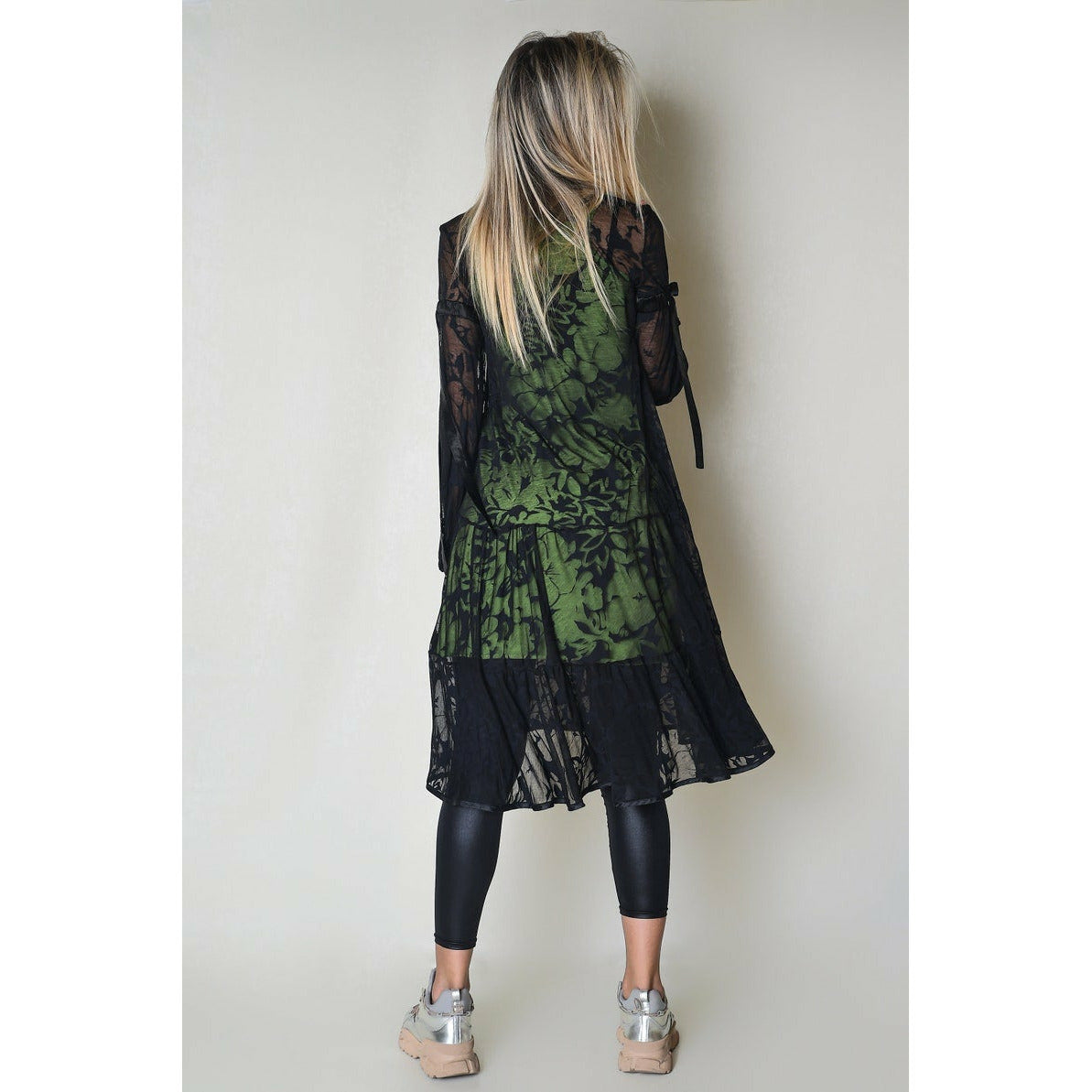 Two Layer Floral Women Dress with Green Inner Part